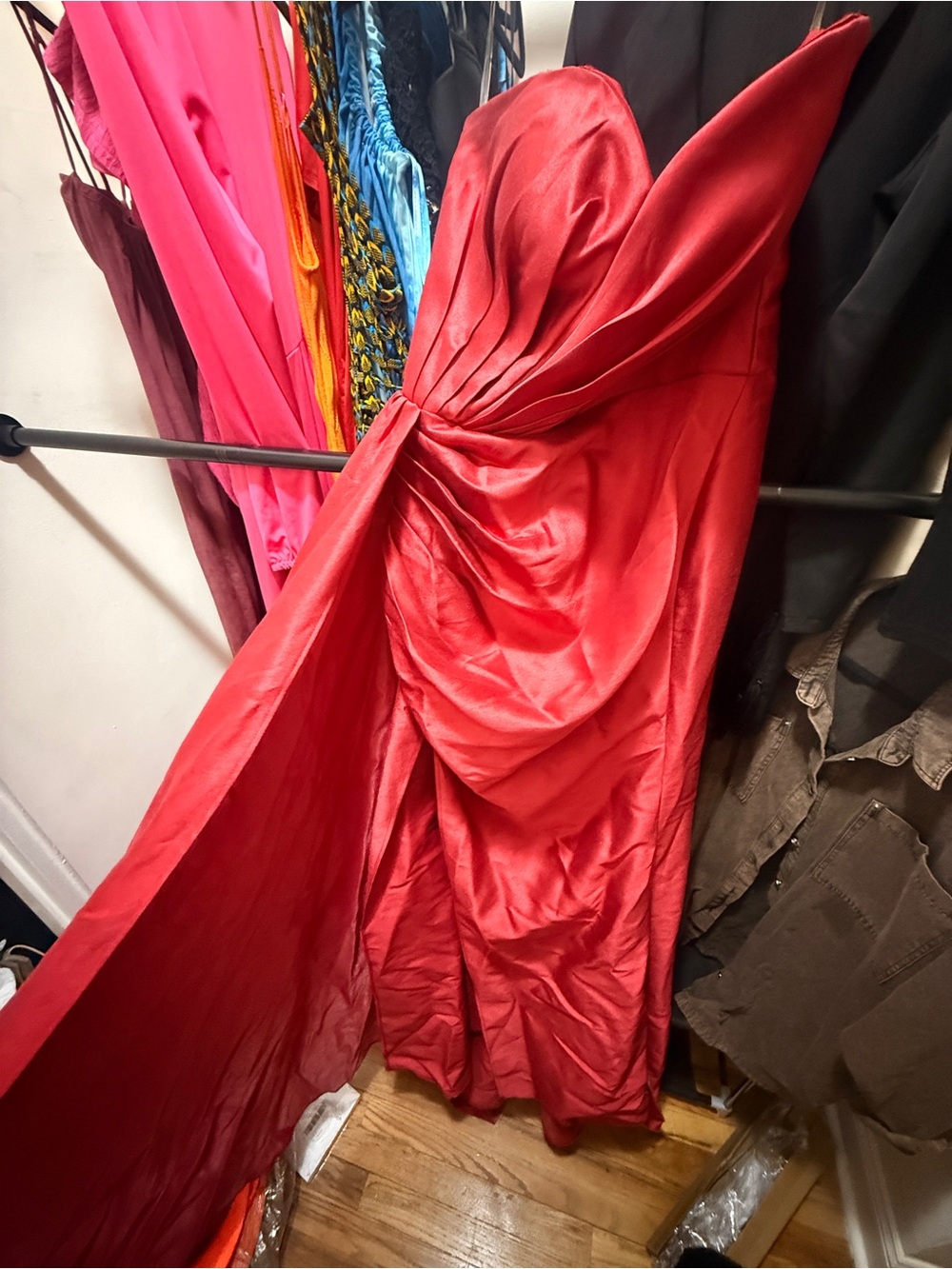 Fashion Nova Red Strapless Satin Gown with Draped Twist